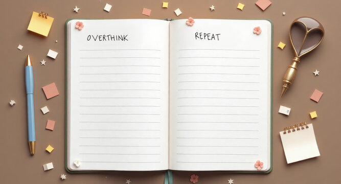 Open notebook with handwritten words overthink and repeat surrounded by stationery