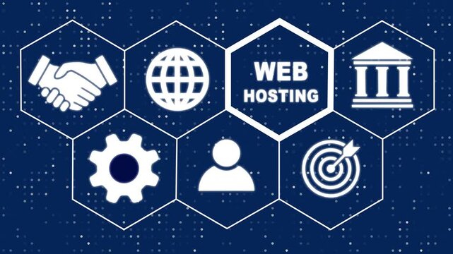 selecting a Web Hosting concept of a futuristic button. Hi tech motion graphic background, white flickering dots on dark background. 4K video motion graphic
