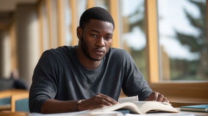 A focused young man reading a book in a quiet library setting. The atmosphere is calm and conducive to studying, with sunlight streaming through large windows.