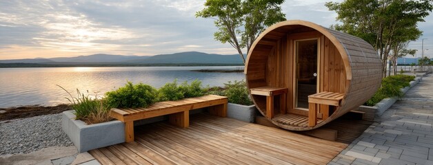 Unique wooden sauna structure near a tranquil waterway during sunset with lush greenery and mountains in the background