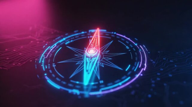 Neon compass design with circuit background and glow