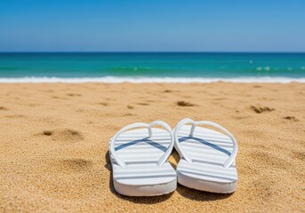 Obraz premium A pair of white flip-flops resting on a golden sandy beach by the turquoise sea