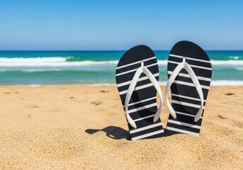 Obraz premium Beach Flip-Flops on Sandy Shore with Ocean View and Clear Blue Sky