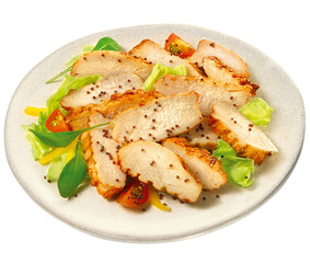 prato com salada de alface acompanhado de tiras de frango grelhado isolado em fundo transparente