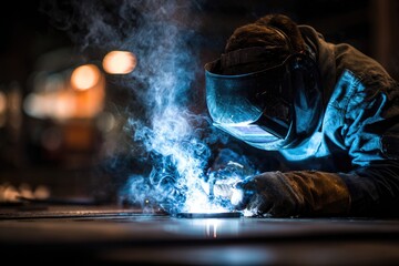 A welder working with a bright blue spark and smoke in a dimly lit environment