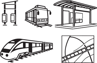 Bus Train Station mapping road transport line art vector icon set. Transportation flat black outline icons for Web and App. Editable illustration linear