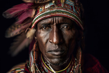 Obraz premium AI surreal neon landscape: Confident Maasai elder in traditional attire exudes wisdom and strength, showcasing rich cultural heritage