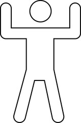 Black outline pictogram, with no fill, of a man standing with two arms in the air forming a 90 degree angle