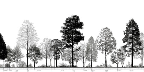 Architectural Drawings, Minimal style cad tree with roots line drawing and Tree Grunge vector, view, set of section wetland forest outline for landscape design drawing. 