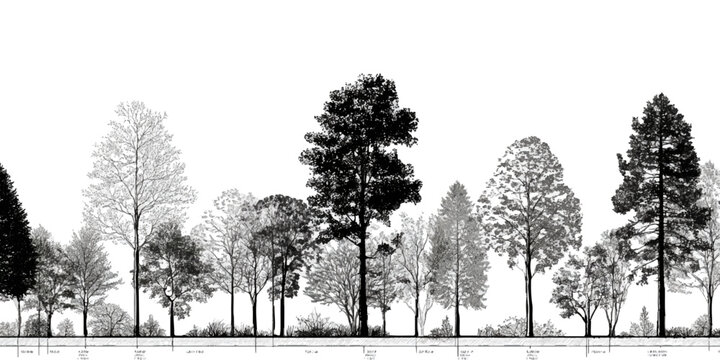 Architectural Drawings, Minimal style cad tree with roots line drawing and Tree Grunge vector, view, set of section wetland forest outline for landscape design drawing. 