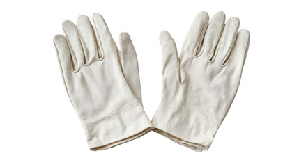 Pair of clean white cotton gloves positioned symmetrically isolated on a Transparent background, PNG file.