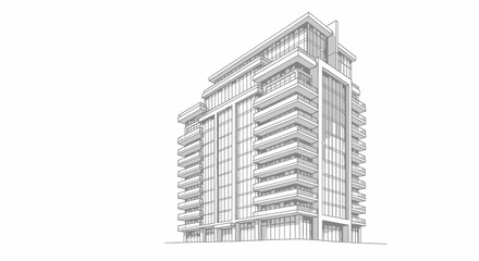Fototapeta premium Line Drawing Illustration of a Modern Balconied Residential High-Rise