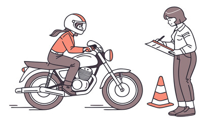 Naklejka premium Girl rides motorcycle, passes exam in driving school. Examiner takes notes while lesson for receiving driver license. Student is training on motorbike. Flat isolated vector illustration on white 