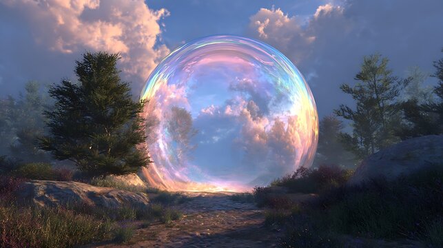 Mysterious glowing portal shimmering with rainbow colors in a serene forest at dusk