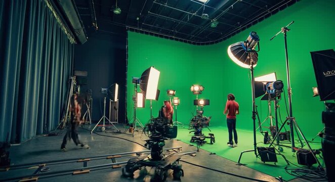 Green screen studio production is underway as crew members set up cameras and lights for filming, preparing for chroma key technology.