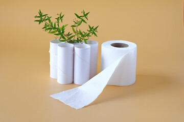 Tissues roll with green leaf on color background.