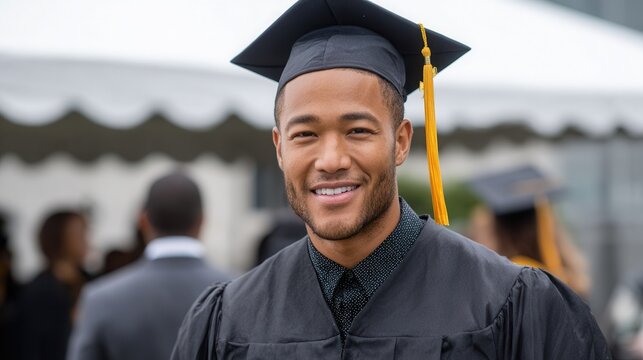 A joyful male graduate wearing a cap and gown, celebrating at a graduation ceremony outdoors. The atmosphere is festive and proud. - Powered by Adobe
