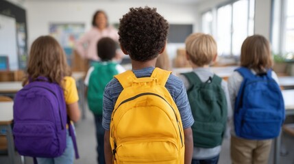 Fototapeta premium A group of children with colorful backpacks facing a teacher in a classroom. The atmosphere is educational and engaging, promoting learning and interaction.