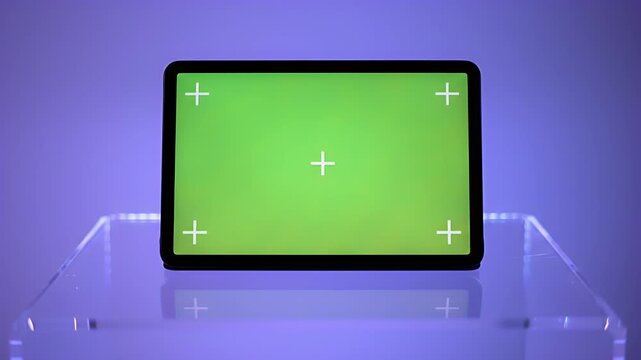 Sleek tablet with chroma key green screen display, perfect for digital content mock-up, presented on a modern clear acrylic stand against a vibrant...