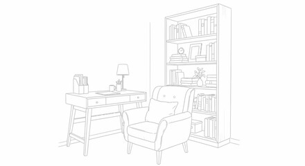 Fototapeta premium Sketch Illustration of Home Office Setting Featuring Desk Armchair and Bookshelf