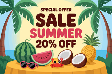 Summer sale special offer, 20 off with tropical fruits like watermelon and pineapple, perfect for beach vacation promotions