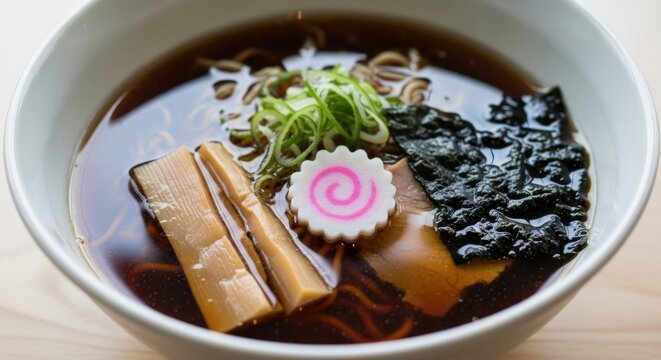 Savory Japanese Ramen Bowl: Close-up of Rich Broth, Noodles, Menma, Nori, and Pink Narutomaki