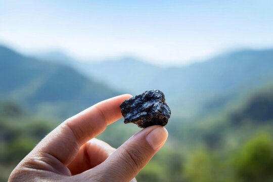 Hand holding shilajit resin for wellness and natural health with mountain background