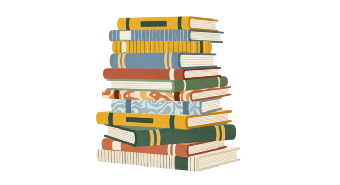 A tall stack of colorful books, various patterns and covers.