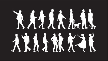 Walking people silhouettes vector: crowd, pedestrians, diverse group eps