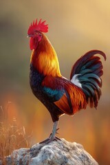 Fototapeta premium Rooster atop rock, vibrant plumage, sunrise