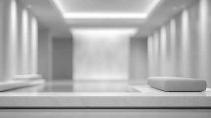 Fototapeta premium blurred image of a minimalist monochrome lounge softly glowing with diffused ceiling light, white marble and deep charcoal palette
