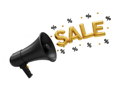 Black megaphone announcing golden sale with percent symbols isolated on transparent background
