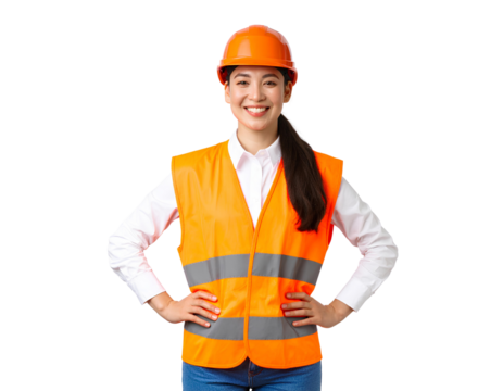 Confident and smiling builder in his orange uniform isolated on a transparent background.