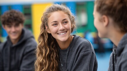 Obraz premium Three teenagers engage in a friendly conversation outdoors, showcasing joy and camaraderie in a vibrant school environment.
