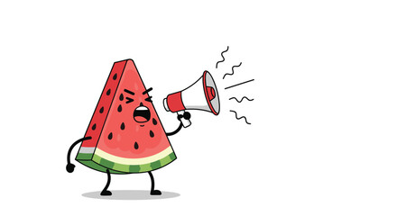 Angry watermelon character with megaphone announcing loudly with expressions