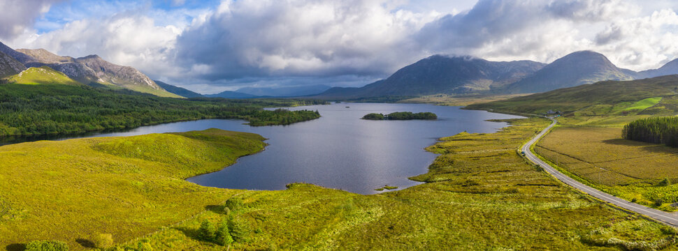 Aerial panorama of Lough Inagh with Maumturk Mountains