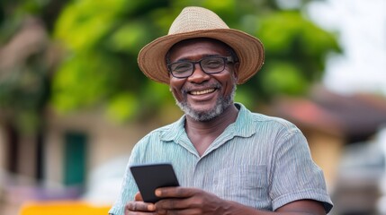 Fototapeta premium Joyful Elderly Man with Smartphone in Straw Hat Smiling Outdoors
