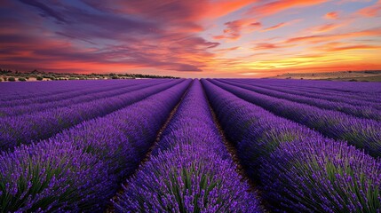 Obraz premium Lavender Fields at Sunset Purple Flowers Dreamy Landscape Provence France Travel Floral Beauty Aromatic Herbs Relaxing