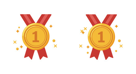 Two gold medals with red ribbons and sparkles on a white background
