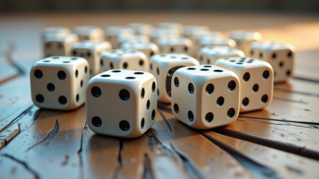 Group of white dice with black dots arranged on rustic wooden surface