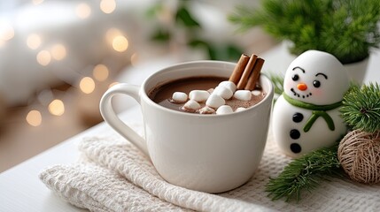 Warm cup of hot chocolate with marshmallows and cinnamon sticks beside a festive snowman decoration in a cozy indoor setting