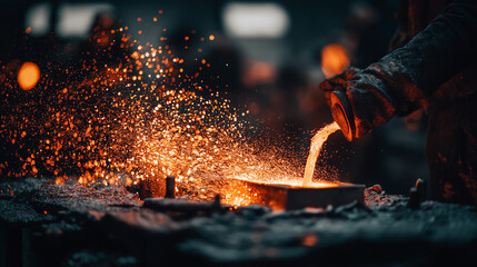 A detailed, full HD photograph capturing the moment a person is pouring molten metal, with the focus on their hands and the tools, the fiery cascade of liquid metal creating a stunning visual contrast