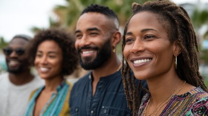A diverse group of friends smiling together outdoors near the beach, showcasing joy and camaraderie in a sunny setting.