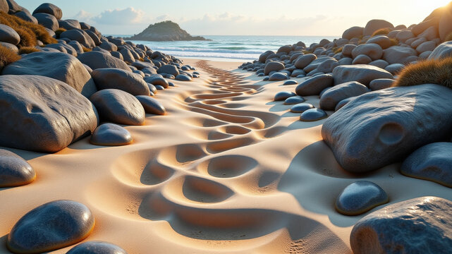 Sunlit sandy beach with stones creating natural flowing patterns on surface