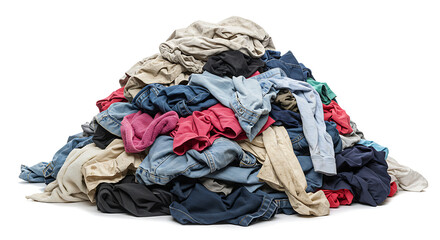 Pile of unfolded dirty clothes for laundry isolated on white background. Heap of used clothes for donation and recycling. Concept of minimalism, mess and wardrobe cleaning