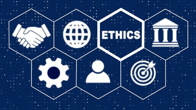 A Business Ethics concept. Hi tech motion graphic background, white flickering dots on dark background. 4K video motion graphic