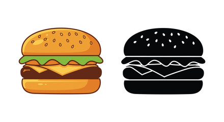 Colorful illustration of a cheeseburger and its black silhouette
