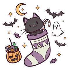 A Grumpy Black cat with snuggled in a sock in a Halloween theme – Spooky Fun palette SVG illustration