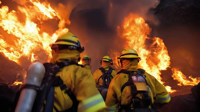 Brave firefighters running into massive flames during intense wildfire emergency operation.