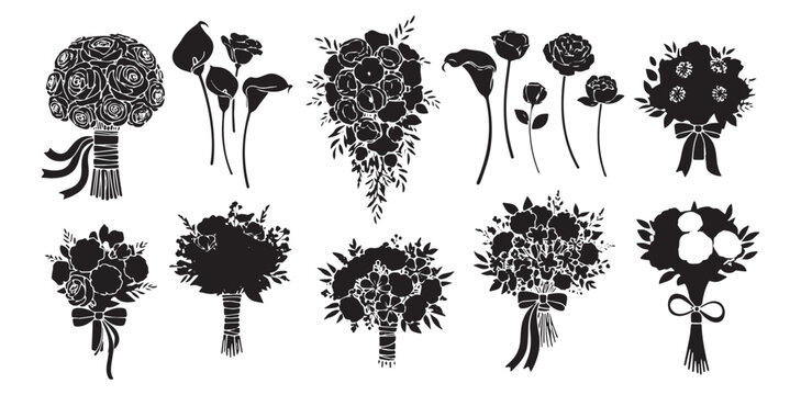 Collection of elegant black silhouette floral wedding bouquets and arrangements with ribbons isolated on transparent background